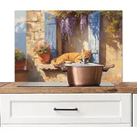 KitchenYeah Spatscherm keuken 90x60 cm - Kookplaat achterwand Kat - Stenen vensterbank - Bloemen - Muurbeschermer - Spatwand fornuis - Hoogwaardig aluminium