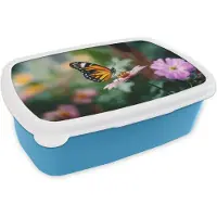 MuchoWow Broodtrommel Blauw - Lunchbox Roze bloemen - Vlinder - Zachte focus - Brooddoos 18x12x6 cm - Brood lunch box - Broodtrommels voor kinderen en volwassenen