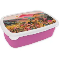 MuchoWow Broodtrommel Roze - Lunchbox Zonsondergang - Bergvallei - Contrast - Brooddoos 18x12x6 cm - Brood lunch box - Broodtrommels voor kinderen en volwassenen
