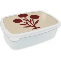 MuchoWow Broodtrommel Wit - Lunchbox Bloemen - Bladeren - Rood - Minimalistisch - Brooddoos 18x12x6 cm - Brood lunch box - Broodtrommels voor kinderen en volwassenen