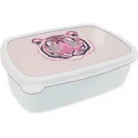 MuchoWow Broodtrommel Wit - Lunchbox Tijger - Glitterzonnebril - Roze - Brooddoos 18x12x6 cm - Brood lunch box - Broodtrommels voor kinderen en volwassenen