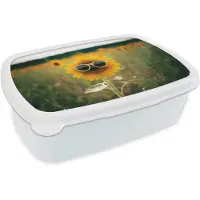 MuchoWow Broodtrommel Wit - Lunchbox Zonnebloem - Veld - Zonnebril - Brooddoos 18x12x6 cm - Brood lunch box - Broodtrommels voor kinderen en volwassenen