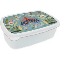 MuchoWow Broodtrommel Wit - Lunchbox Vlinder - Sierlijk - Bloemen - Bladeren - Brooddoos 18x12x6 cm - Brood lunch box - Broodtrommels voor kinderen en volwassenen