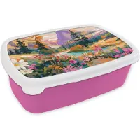 MuchoWow Broodtrommel Roze - Lunchbox Rivier - Vallei vol bloemen - Levendig - Brooddoos 18x12x6 cm - Brood lunch box - Broodtrommels voor kinderen en volwassenen