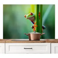 KitchenYeah Spatscherm keuken 120x80 cm - Kookplaat achterwand Groene kikker - Nieuwsgierig - Gras - Muurbeschermer - Spatwand fornuis - Hoogwaardig aluminium