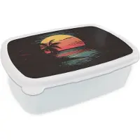 MuchoWow Broodtrommel Wit - Lunchbox Strand - Minimalistisch - Zon - Oranje - Brooddoos 18x12x6 cm - Brood lunch box - Broodtrommels voor kinderen en volwassenen