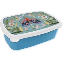 MuchoWow Broodtrommel Blauw - Lunchbox Vlinder - Sierlijk - Bloemen - Bladeren - Brooddoos 18x12x6 cm - Brood lunch box - Broodtrommels voor kinderen en volwassenen