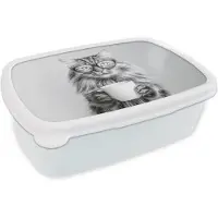 MuchoWow Broodtrommel Wit - Lunchbox Kat - Bril - Mok - Pluizig - Brooddoos 18x12x6 cm - Brood lunch box - Broodtrommels voor kinderen en volwassenen