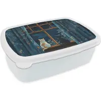 MuchoWow Broodtrommel Wit - Lunchbox Kat - Sterrenhemel - Blauw - Brooddoos 18x12x6 cm - Brood lunch box - Broodtrommels voor kinderen en volwassenen