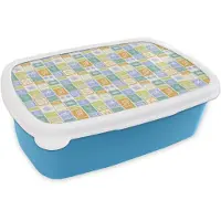 MuchoWow Broodtrommel Blauw - Lunchbox Nostalgisch - Kust - Zee - Zon - Strand - Multi - Brooddoos 18x12x6 cm - Brood lunch box - Broodtrommels voor kinderen en volwassenen