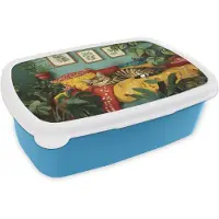 MuchoWow Broodtrommel Blauw - Lunchbox Kat - Planten - Groen - Brooddoos 18x12x6 cm - Brood lunch box - Broodtrommels voor kinderen en volwassenen
