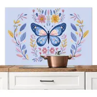 KitchenYeah Spatscherm keuken 120x80 cm - Kookplaat achterwand Vlinder - Lichtblauw - Sierlijk - Bloemen - Muurbeschermer - Spatwand fornuis - Hoogwaardig aluminium