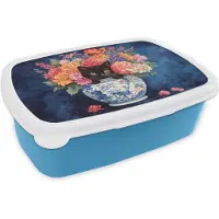 MuchoWow Broodtrommel Blauw - Lunchbox Kat - Felgekleurde bloemen - Vaas - Brooddoos 18x12x6 cm - Brood lunch box - Broodtrommels voor kinderen en volwassenen