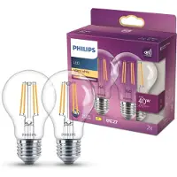 Philips LED lamp E27 | Peer A60 | Filament | Helder | 2700K | 3.4W (40W) | 2 stuks