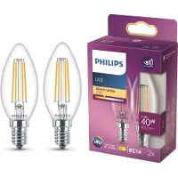 Philips LED lamp E14 | Kaars B35 | Filament | Helder | 2700K | 3.4W (40W) | 2 stuks
