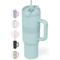 Onyx Drinkfles met Rietje 1.2 Liter - Waterfles voor Kinderen & Volwassenen - Thermosbeker RVS Travel Mug - Motiverende Drinkbus - Drinkbeker voor School - Pastel Blue