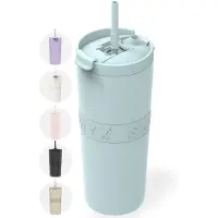 Onyx Drinkfles met Rietje 700ML - Waterfles voor Kinderen & Volwassenen - Thermosbeker RVS Travel Mug - Motiverende Drinkbus - Drinkbeker voor School - Pastel Blue