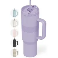 Onyx Drinkfles met Rietje 1.2 Liter - Waterfles voor Kinderen & Volwassenen - Thermosbeker RVS Travel Mug - Motiverende Drinkbus - Drinkbeker voor School - Pastel Purple