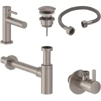May Stilo Combiset: Fonteinkraan Model - Designplug Always Open - Designsifon - Hoekstopkraan Met Aansluitslang - Geborsteld Nickel PVD - Messing