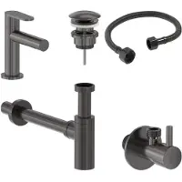 May Fonteinkraan Combiset+ Forma S Model Fonteinkraan, Designplug Always Open, Designsifon & Hoekstopkraan Geborsteld Carbon Black PVD