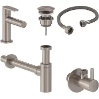 May Fonteinkraan Combiset+ Forma S Model Fonteinkraan, Designplug Always Open, Designsifon & Hoekstopkraan Geborsteld Nickel PVD