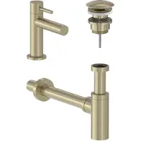 May Fonteinkraan Combiset Stilo S Model Fonteinkraan, Designplug Always Open & Designsifon Geborsteld Mat Goud PVD