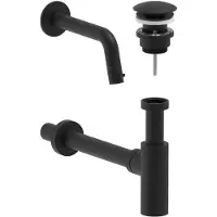 May Fonteinkraan Combiset Stilo Wandmodel Fonteinkraan, Designplug Always Open & Designsifon Mat Zwart PED