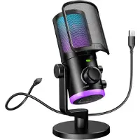 Fifine AM6 - Gaming Condensator Microfoon - Podcast Streaming PC PS4 PS5 - Ruisonderdrukking - Touch Mute Knop - USB RGB - Zwart