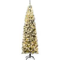 Costway 135/180/225 cm Potlood kerstboom met sneeuw en warm witte LED-verlichting, kunstkerstboom met metalen standaard, kerstboom PVC naalden, kunstboom, kerstvouwsysteem, groen