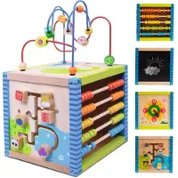 Sun baby Motoriekkubus multifunctionele activiteitenkubus – kralenlabyrint – houten Montessori speelgoed – vormsortering (school)