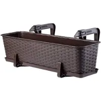 Hobby Hall Balkonpot met onderzetter, plantenbak, balkonbak met wateropeningen, bloembak voor rozen, oleander, imitatie rotan (60 cm, met houders, bruin)