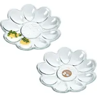 Hobby Hall Eierborden van glas, diameter 21,5 cm, praktisch bord voor eieren, eierhouder, robuuste eierplank, eierhouder, eierhouder, eierbakje (2 x bloemenvorm, transparant, 18 eieren (2 x 9)