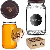 Kadax Glazen pot Lierde 900ml 82mm 8 stuks + deksels "Bruine bij"