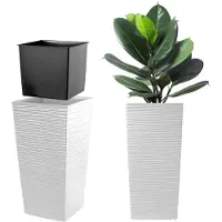 Kadax Bloempot, bloembak van kunststof, plantenbak voor bloemen, binnen en buiten, tuin, balkon, terras, huis, weerbestendig, imitatie rotan (57 cm hoogte, wit)
