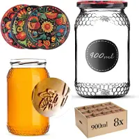 Kadax Glazen pot Lierde 900ml 82mm 8 stuks + deksels "Borduurwerk met bloemen"