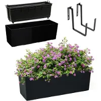 Kadax Bloembak van kunststof, 18,5 x 56 cm, plantenbak met inzet, weerbestendige balkonbak, rechthoekige bloembak, bloempot voor buiten, met houders, glad patroon, zwart