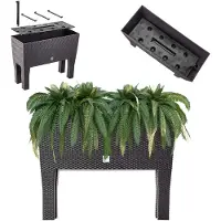 Kadax Bloempot op poten, verhoogd bloembed van kunststof in 2 maten, plantenbak in rotanmotief, bloembak voor tuin, balkon, terras, plantenbak, kruidenbed, 60 cm, donkerbruin