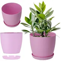 Kadax Bloempot, plantenbak met onderzetter, ronde bloembak van kunststof, matte pot voor cactus, varens, glanzende buitenpot voor balkon, woning en terras ( 20 cm, roze)