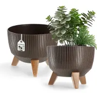 Kadax Bloempot, van kunststof, met drie insteeksteunen, rond, bloemenschaal, plantenbak, bloembak, voor balkon, woonkamer, 24 cm diameter, bruin