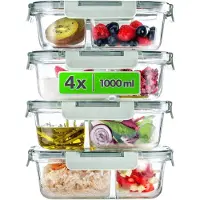 Kadax Glazen voedselcontainer met 2 compartimenten en deksel Roatta 1L 4 st.