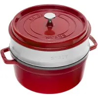 Staub braadpan - cocotte 26cm, 5,2L, rood met stoominzet