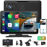 Junsun 9 inch Autodashcam met Draadloze Carplay & Android Auto - Voor- en Achterkant Opname (4K+1080P) + 64GB Geheugenkaart + Zuignap/Stickerbevestiging + AUX Kabel