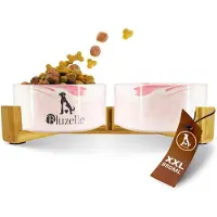 Bluzelle Balance Bowl 2-in-1 Hondenvoerbakset XXL, 2 x 850 ml Keramische Voerbakken met Bamboe Houten Frame, Antislip Voerbak voor Honden en Katten, Voor Droogvoer, Natvoer en Water (Marmerroze)