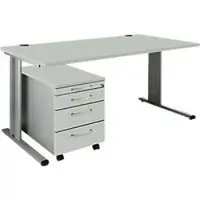 Schäfer Shop 2-delige kantoormeubelset PLANOVA BASIC, bureau, B 1600 mm, lichtgrijs/wit aluminium, met kabelgoot + verrijdbaar onderstel 1233