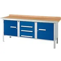 Schäfer Shop Kastenwerkbank PWi 200-4, beuken multiplexplaat, met stalen rand, tot 750 kg, B 2000 x D 700 x H 840 mm, gentiaanblauw/blank aluminiumkleur