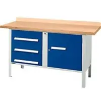 Schäfer Shop Box-type werkbank PWi 150-4, beuken multiplex blad, tot 750 kg, B 1500 x D 700 x H 840 mm, gentiaanblauw