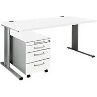 Schäfer Shop 2-delige kantoormeubelset PLANOVA BASIC, bureau, B 1600 mm, wit/wit aluminium, met kabelgoot + verrijdbaar onderstel 1233