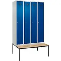 C+P Evolo Plus kledingkast, 4 vakken, 300 mm vakbreedte, met bank eronder, B 1200 x D 815 x H 2120 mm, cilinder, lichtgrijs/gentiaanblauw