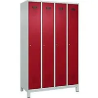 C+P Evolo Plus kledingkast, 4 vakken, 300 mm vakbreedte, met voetjes, rechts scharnierend, cilinderslot, soft-close, inbraakwerend, B 1200 x D 500 x H 1950 mm, lichtgrijs RAL 7035/ruwe rood RAL 3003