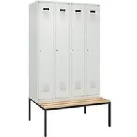 C+P Evolo Plus kledingkast, 4 vakken, 300 mm vakbreedte, met bank eronder, B 1200 x D 815 x H 2120 mm, cilinder, lichtgrijs/lichtgrijs